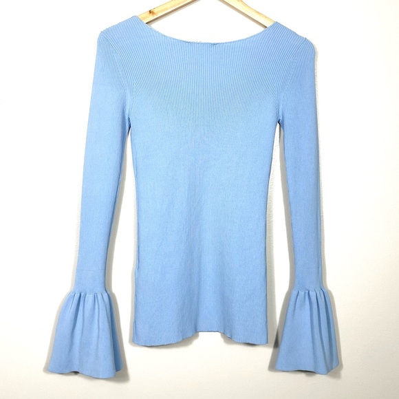 🩵SANDRO PARIS Baby Blue Bell Fluted Sleeves “Malana” Ribbed Sweater Top Blouse - Picture 4 of 9